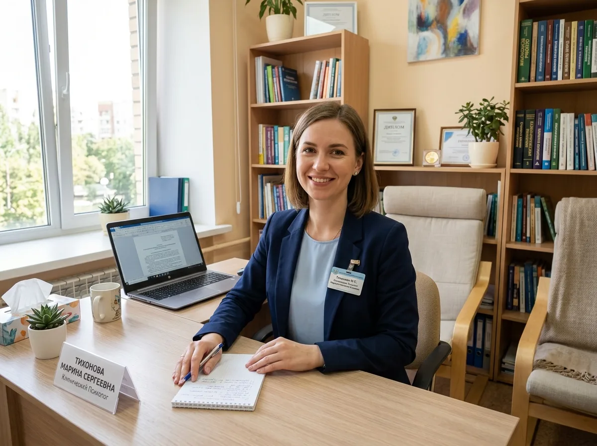 Тихонова Марина Сергеевна — клинический психолог наркологической клиники, молодая женщина с дружелюбным выражением лица, светлый кабинет
